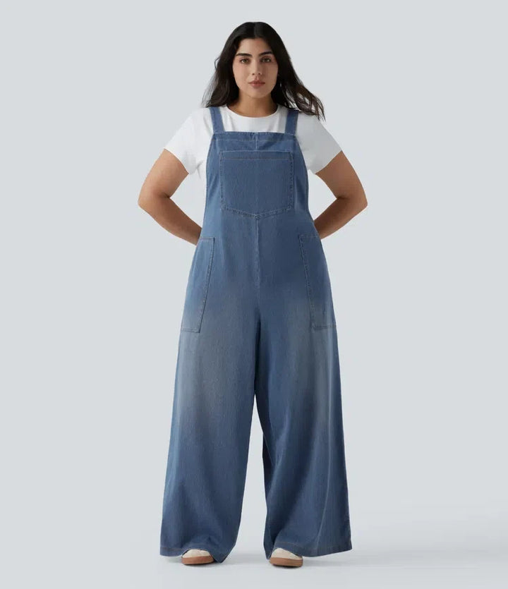 Plus Size Halara Flex Square Neck Washed Denim Casual Overalls with Pockets