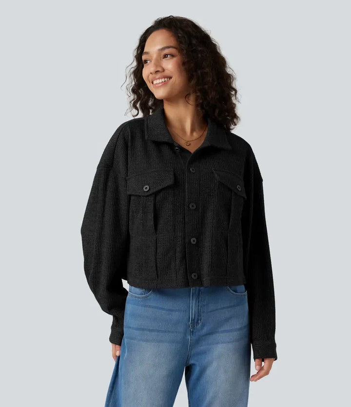 Long Sleeve Knit Waffle Casual Jacket with Pockets