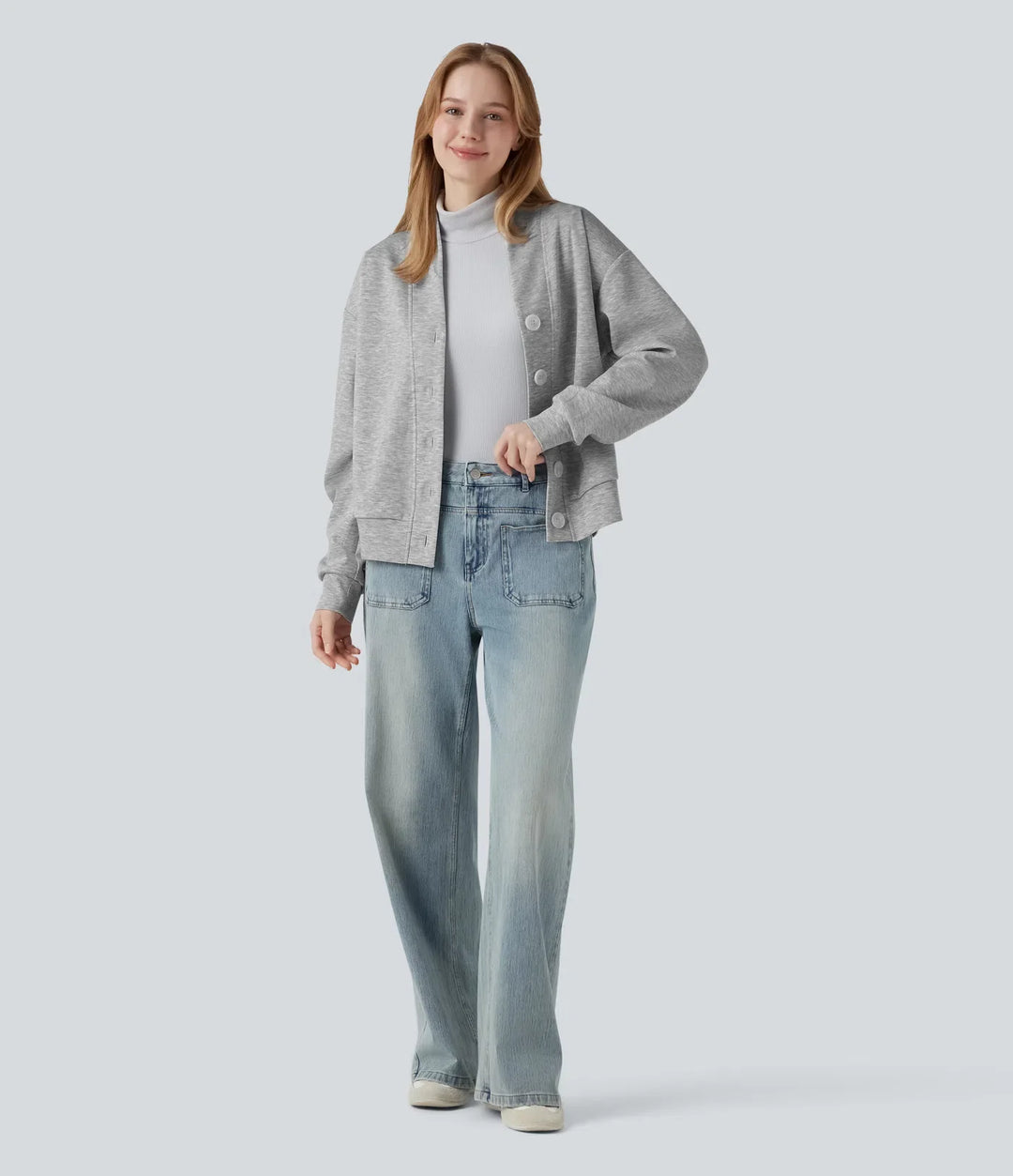 V-neck Long Sleeve Button Fly Casual Sweatshirt with Pockets