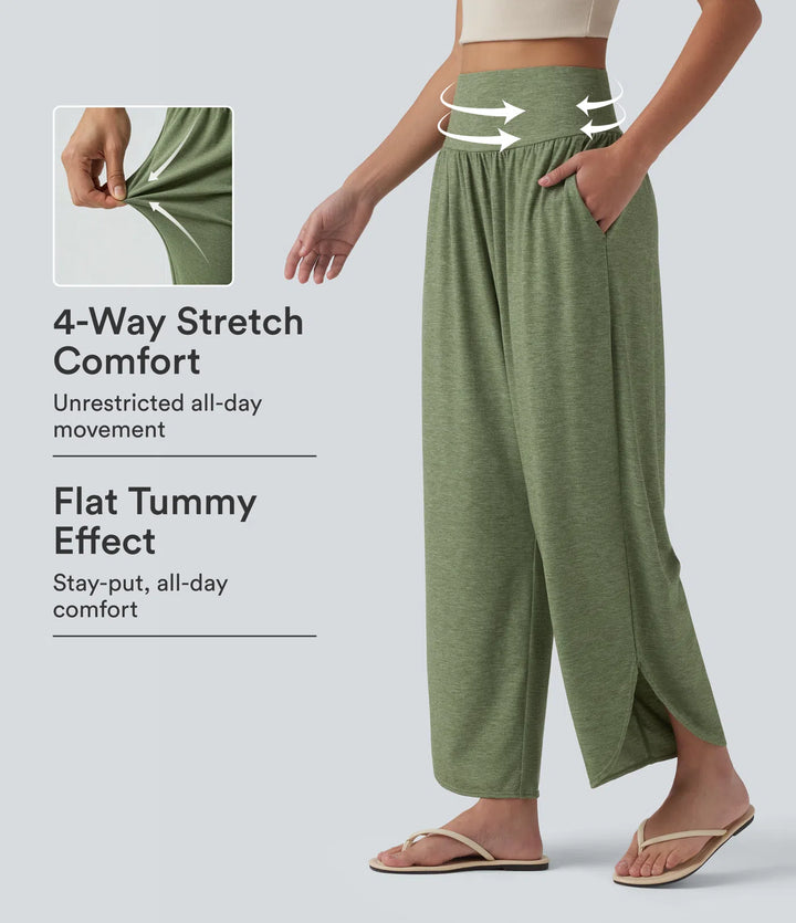 High Waisted Tummy Control Curved Hem Casual Trousers with Pockets