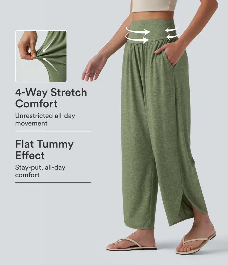 High Waisted Tummy Control Curved Hem Casual Trousers with Pockets