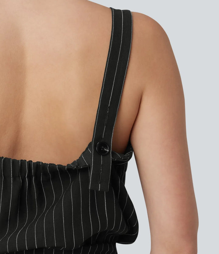 Square Neck Adjustable Straps Sleeveless Belted Stripes Casual Linen-Feel Jumpsuit with Pockets-Easy Peezy