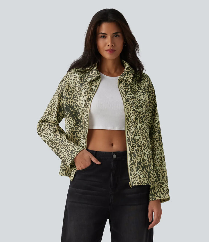 Long Sleeve Zipper Leopard Print Casual Jacket with Pockets