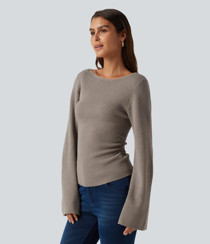 Boat Neck Flounce Long Sleeve Casual Jumper