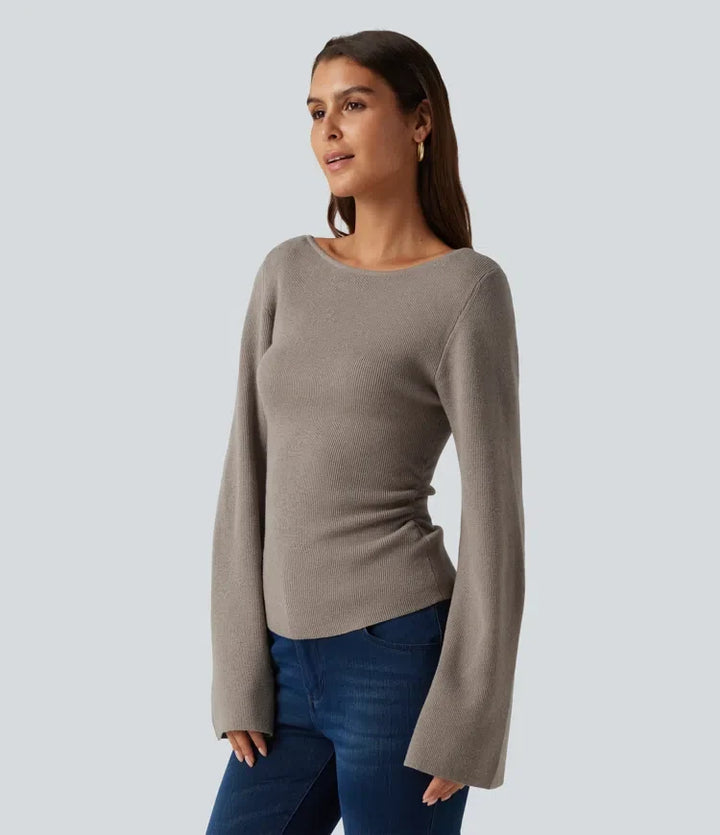 Boat Neck Flounce Long Sleeve Casual Jumper