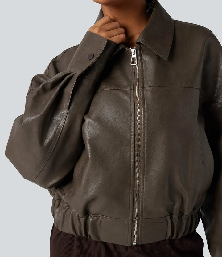 Zipper Long Sleeve Casual Faux Leather Jacket with Pockets