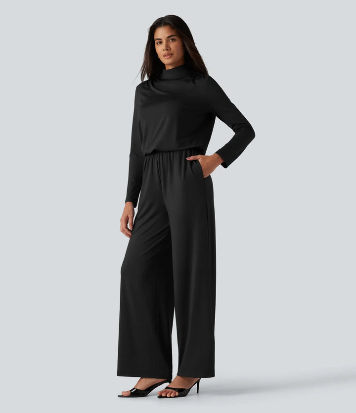 Stand Collar Long Sleeve Straight Leg Jumpsuit with Pockets-Easy Peezy Edition