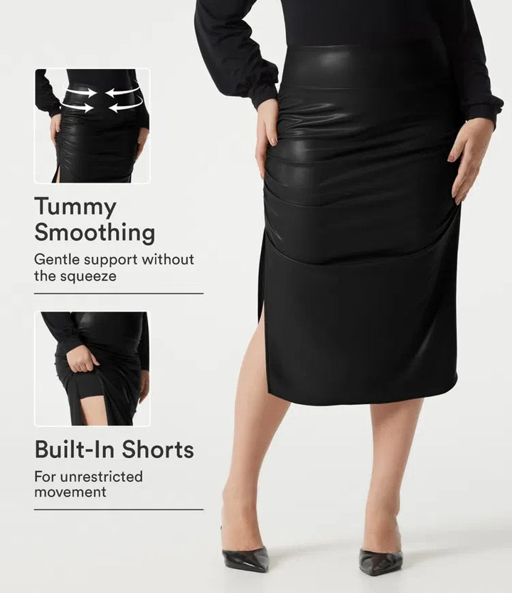 Plus Size High Waisted Tummy Control Ruched Curved Hem 2-in-1 Fleece PU Leather Midi Casual Skirt