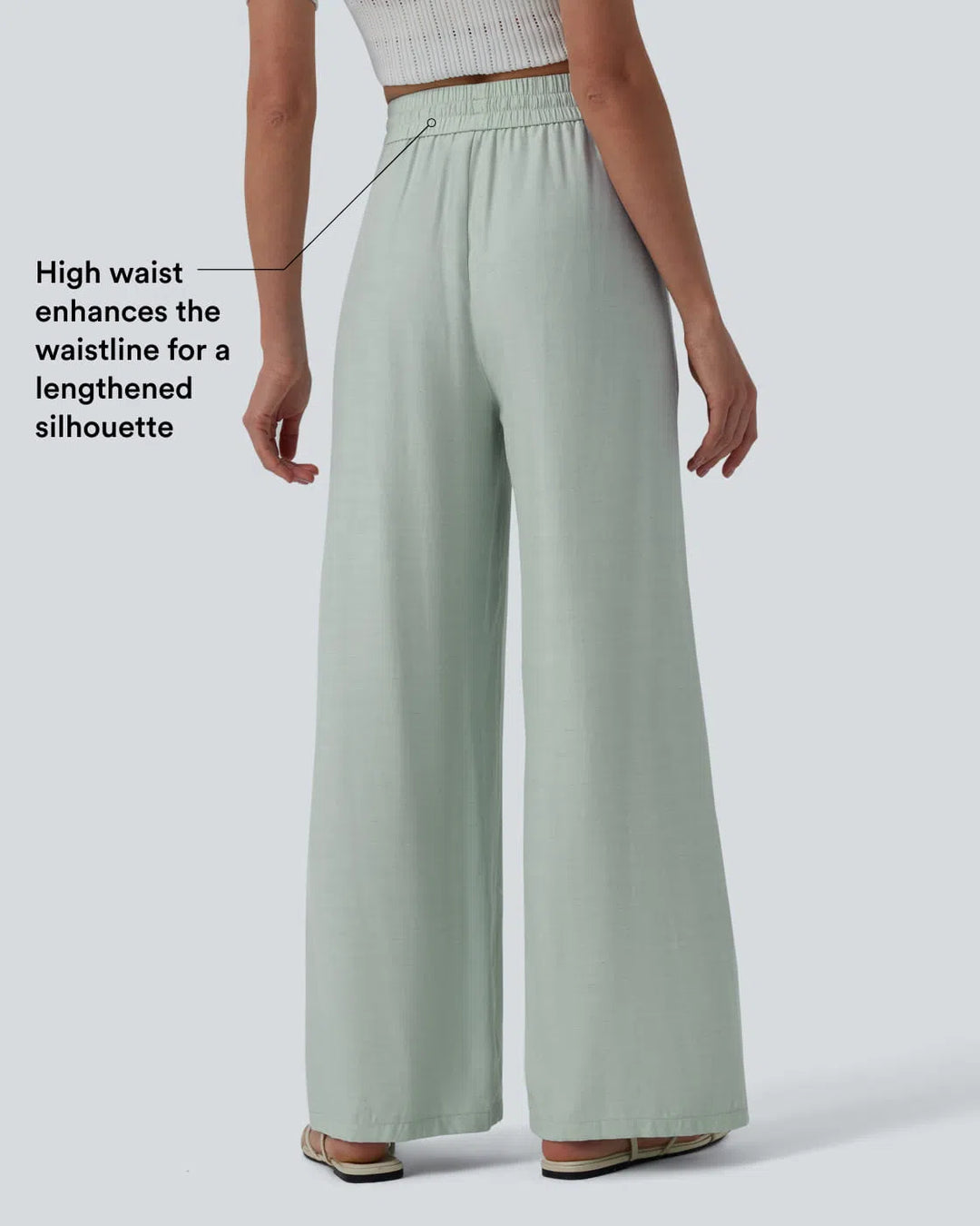 High Waisted Drawstring Wide Leg Casual Linen-Blend Trousers with Pockets