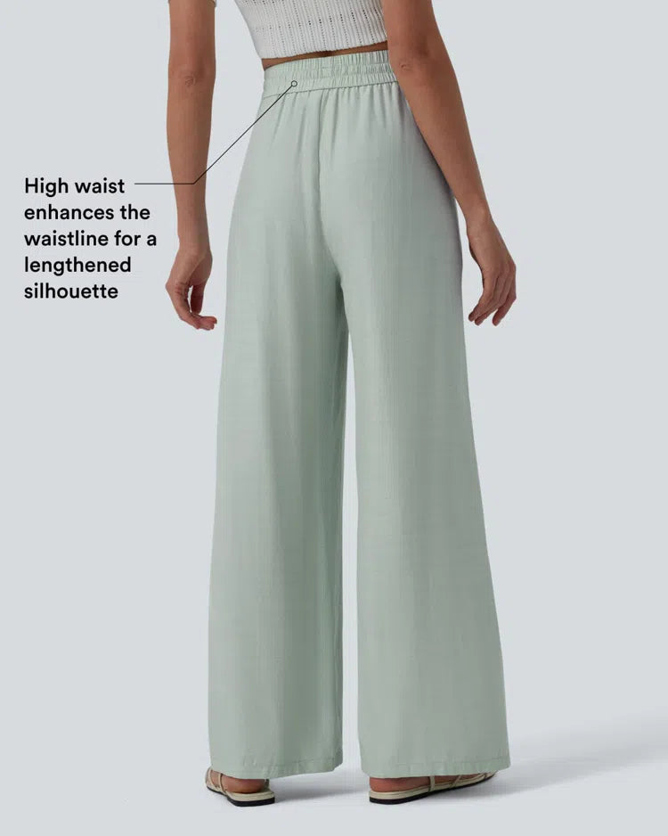 High Waisted Drawstring Wide Leg Casual Linen-Blend Trousers with Pockets