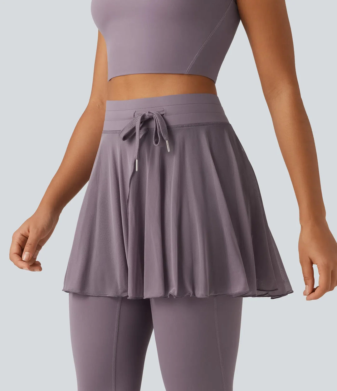 SoftlyZero High Waisted Drawstring Mesh Dance Skirted Leggings with Pockets
