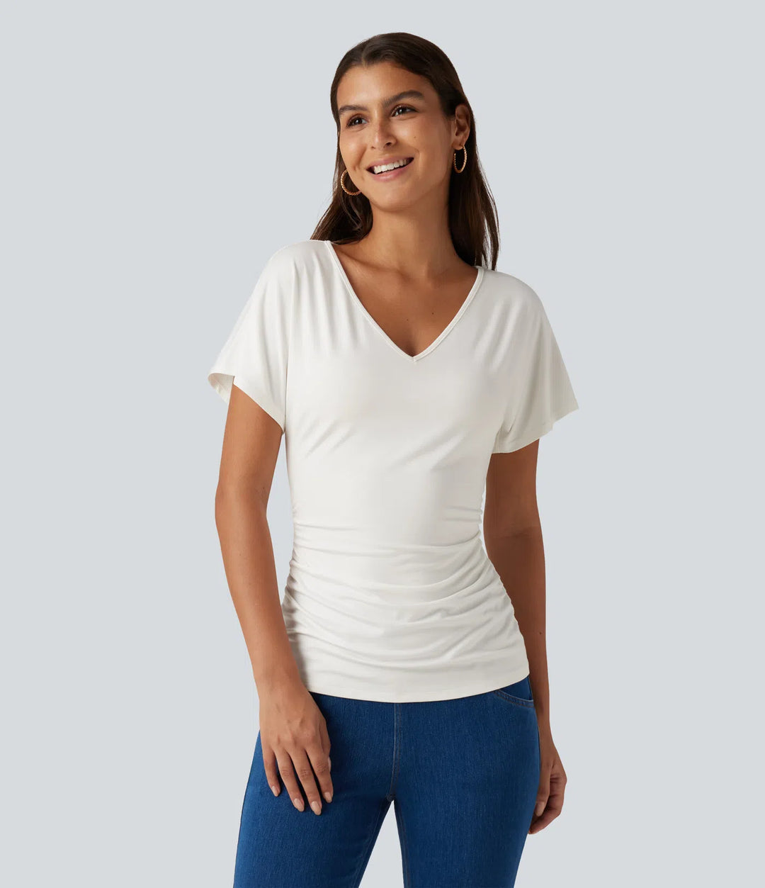 V-Neck Short Sleeve Ruched Slim Casual T-Shirt