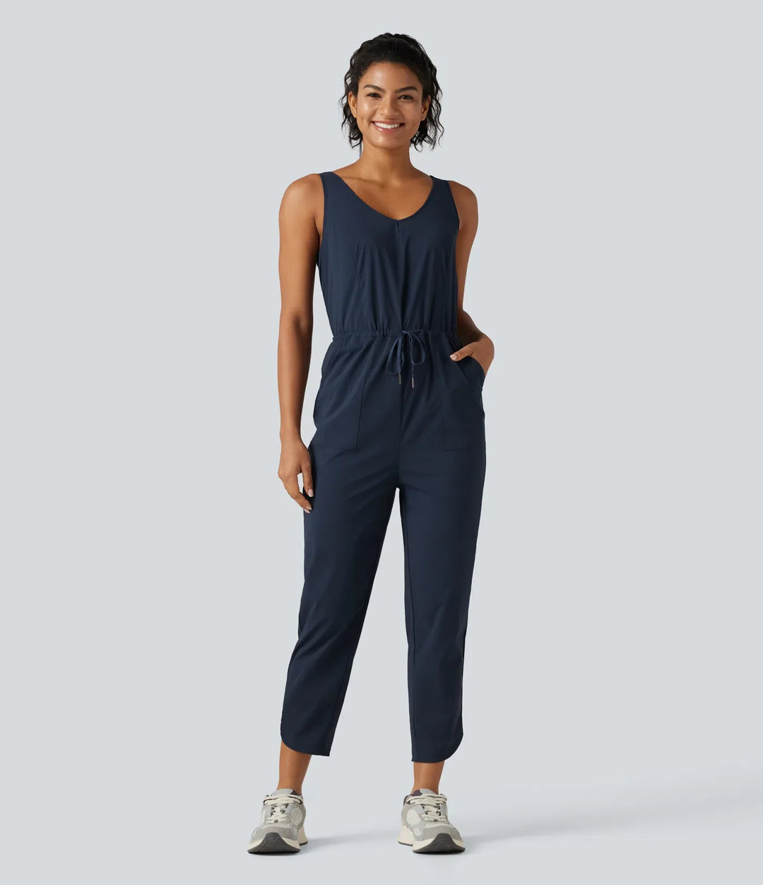 V Neck Drawstring Curved Hem Hiking Jumpsuit with Pockets