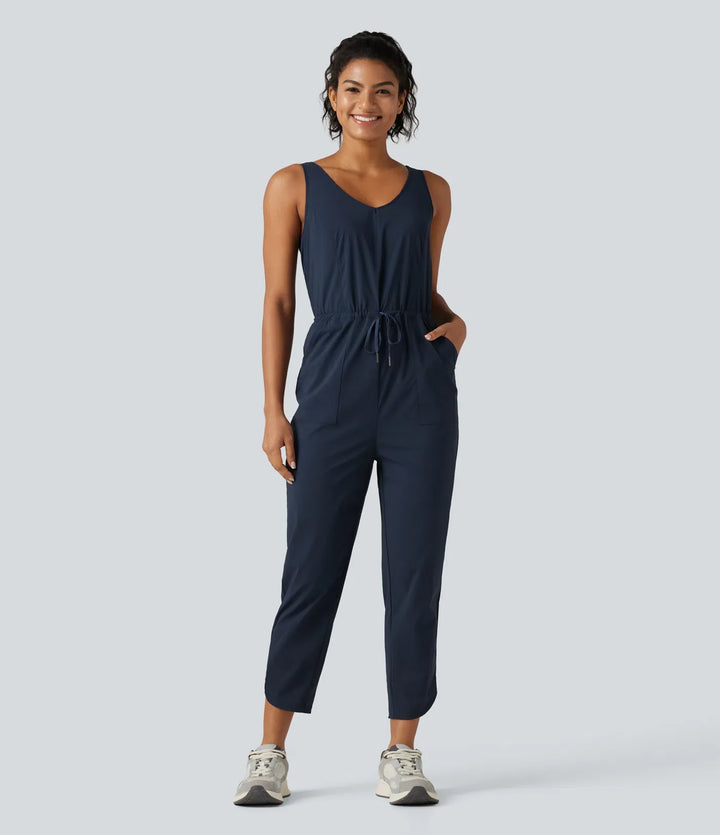 V Neck Drawstring Curved Hem Hiking Jumpsuit with Pockets