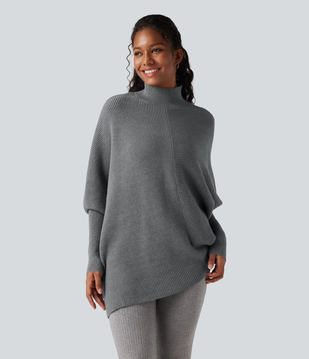 High Neck Batwing Long Sleeve Asymmetric Hem Work Jumper