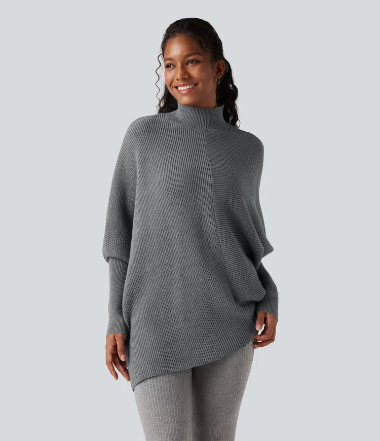 High Neck Batwing Long Sleeve Asymmetric Hem Work Jumper