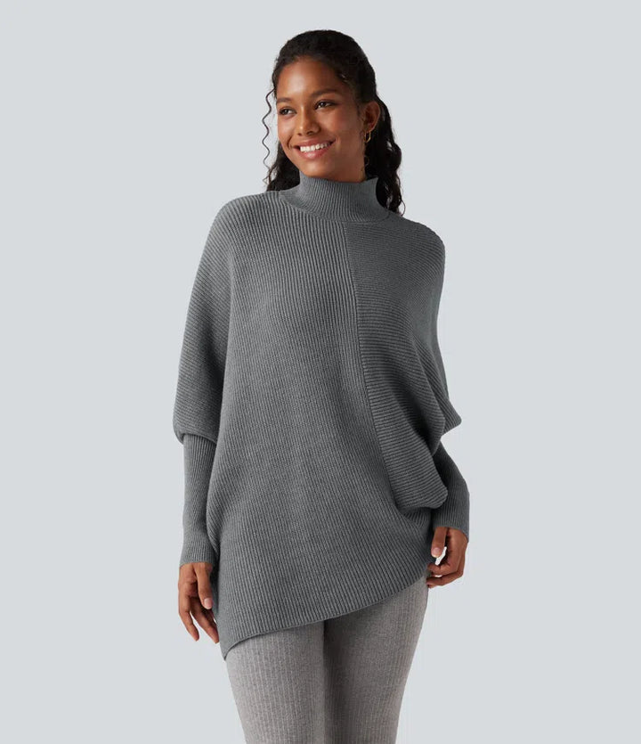 High Neck Batwing Long Sleeve Asymmetric Hem Work Jumper