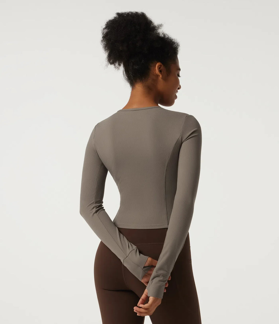 Ribbed Knit Round Neck Long Sleeve Yoga Track Jacket with Pockets and ThumbHoles