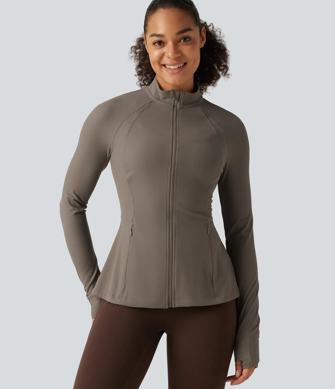 Ribbed Knit Stand Collar Long Sleeve Thumb Hole Yoga Jacket with Pockets