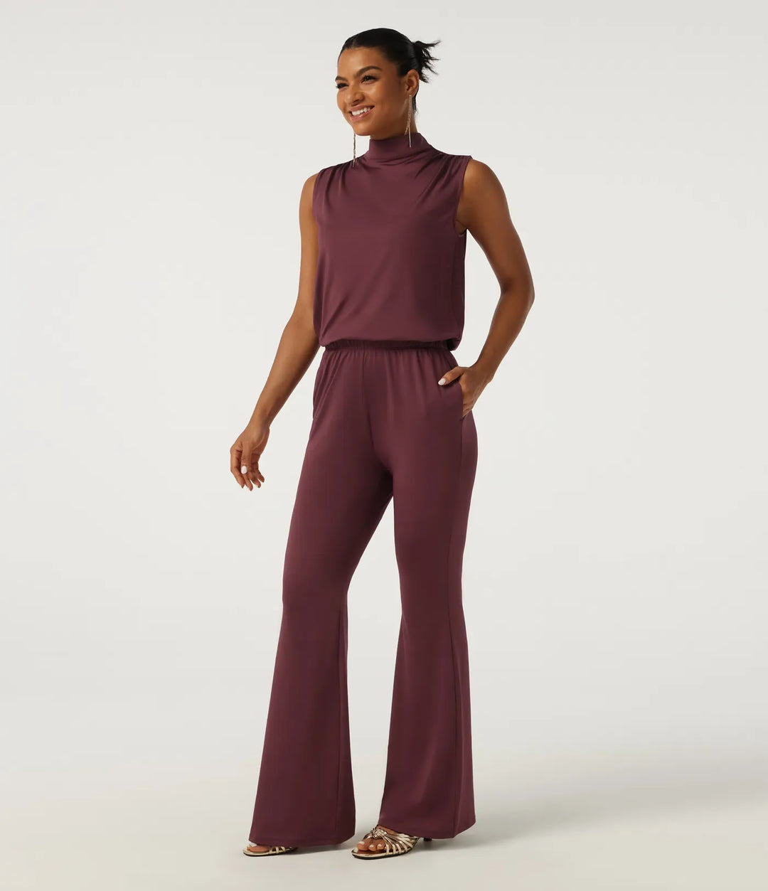 Mock Neck Sleeveless Flare Keyhole Back Party Jumpsuit with Pockets - Easy Peezy Edition