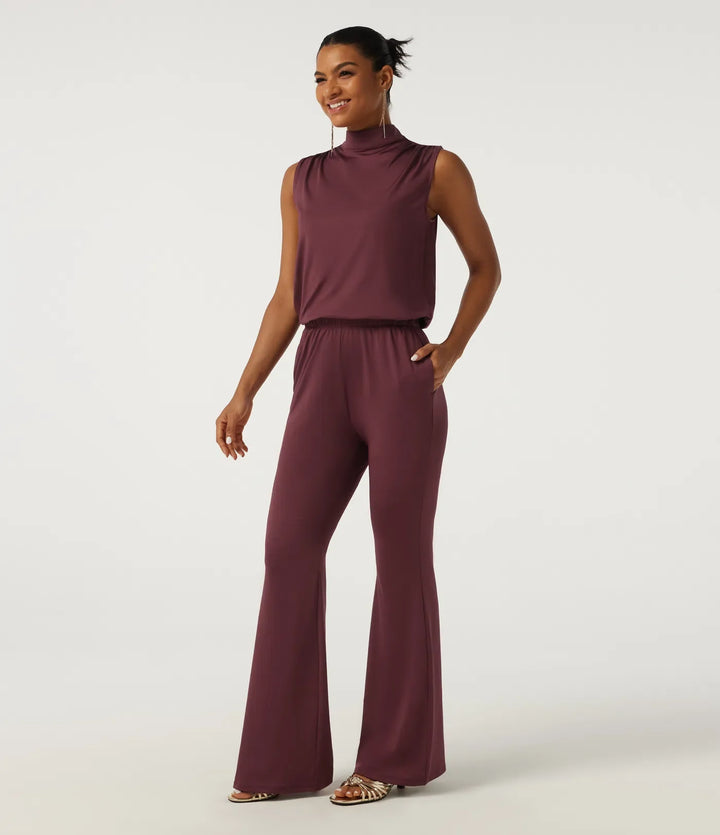 Mock Neck Sleeveless Flare Keyhole Back Party Jumpsuit with Pockets - Easy Peezy Edition