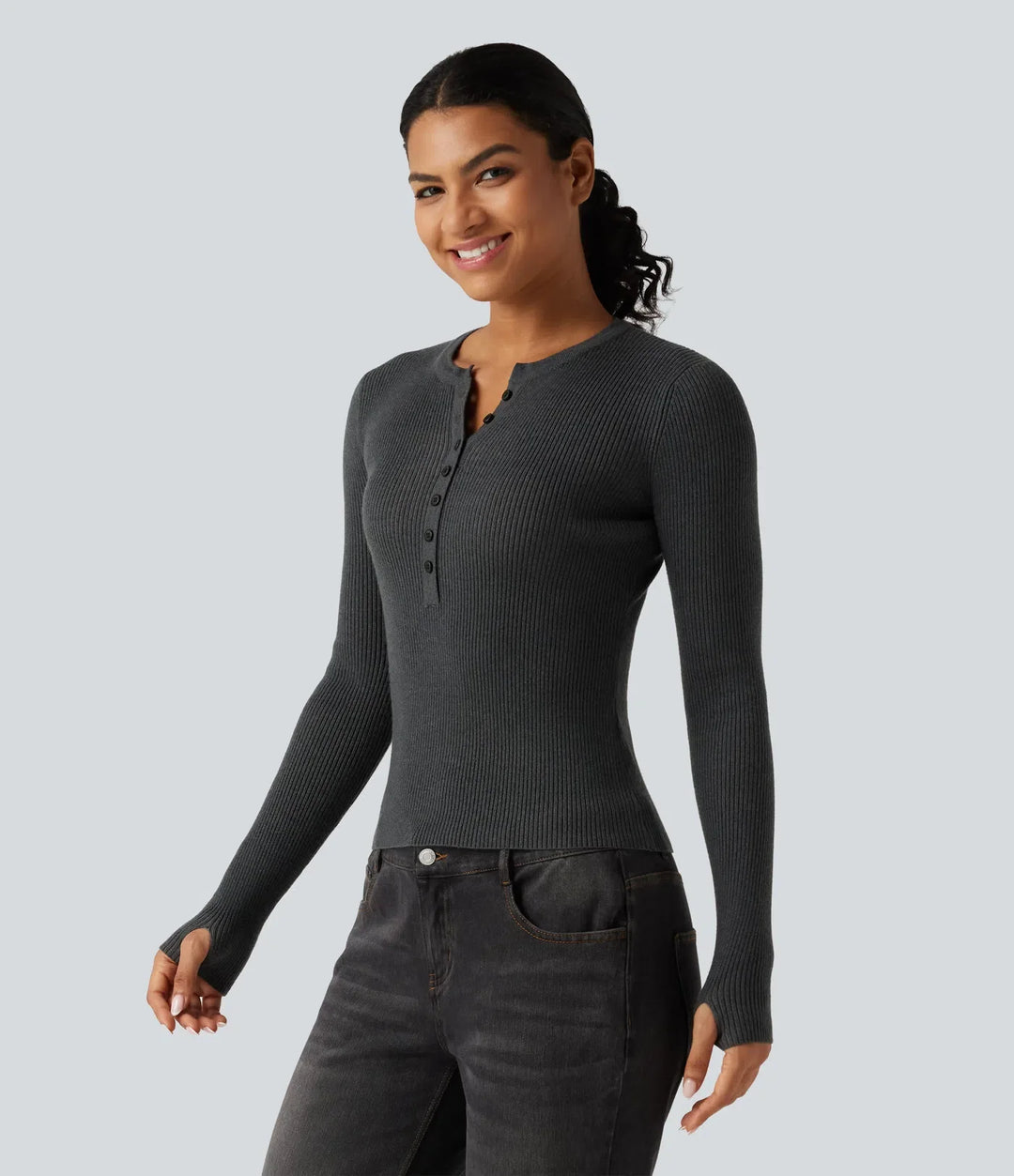 Henley Neck Long Sleeve Thumb Hole Work Wool-Blend Jumper