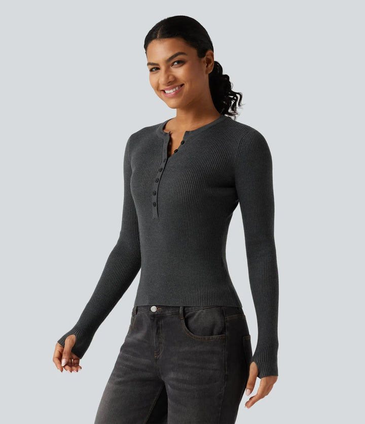 Henley Neck Long Sleeve Thumb Hole Work Wool-Blend Jumper