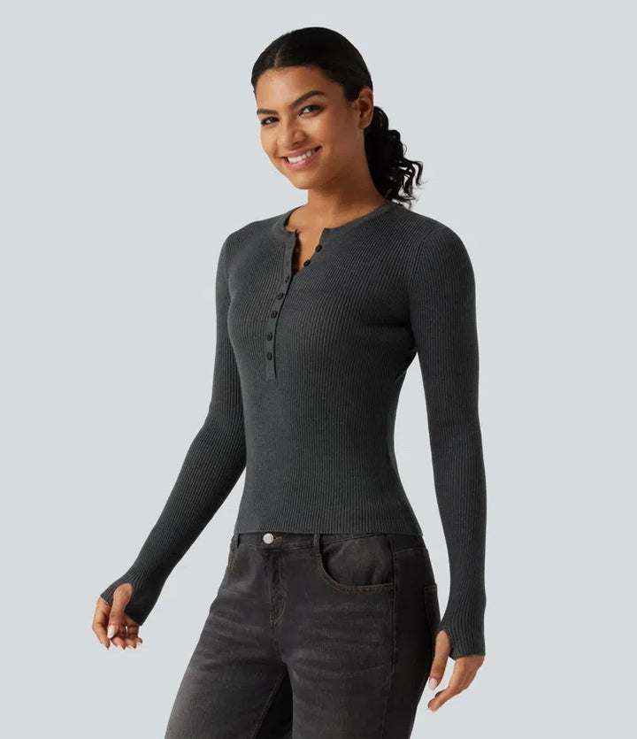 Henley Neck Long Sleeve Thumb Hole Work Wool-Blend Jumper