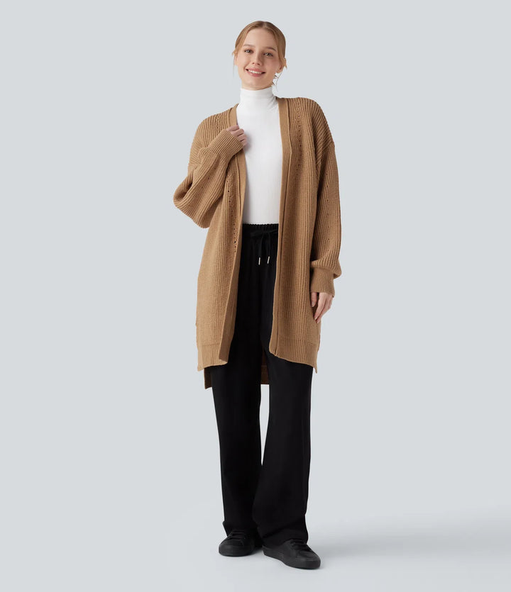 Bishop Long Sleeve Split Hem Hollow Out Casual Longline Cardigan