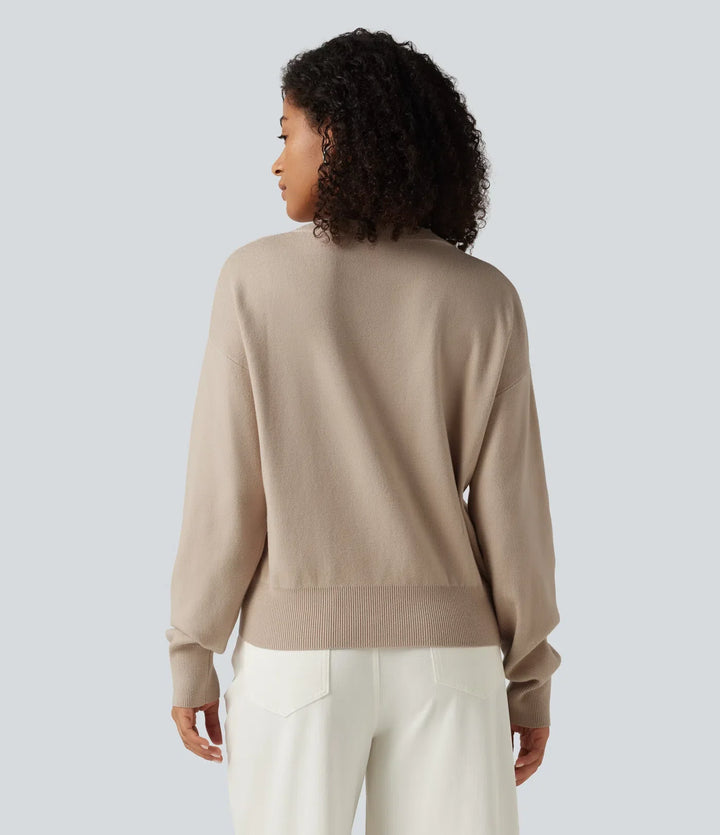 Round Neck Dropped Long Sleeve Color Block Work Jumper