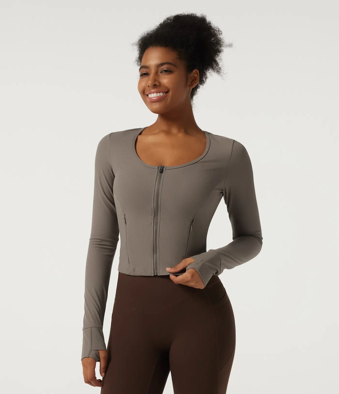 Ribbed Knit Round Neck Long Sleeve Yoga Track Jacket with Pockets and ThumbHoles