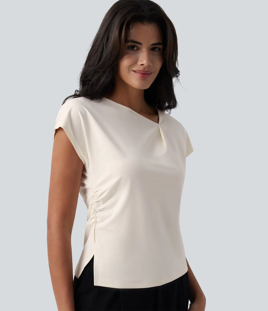 Asymmetric Cowl Neck Short Sleeve Ruched Split Hem Work Blouse