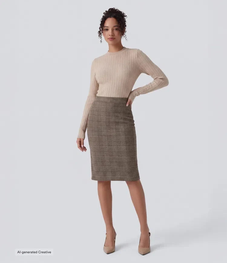 High Waisted Hem Houndstooth Plaid Work Pencil Skirt