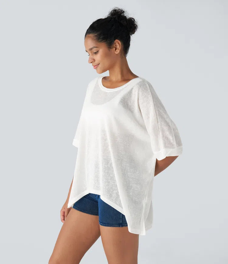 Asymmetric Split Hem Sheer Oversize Casual Top