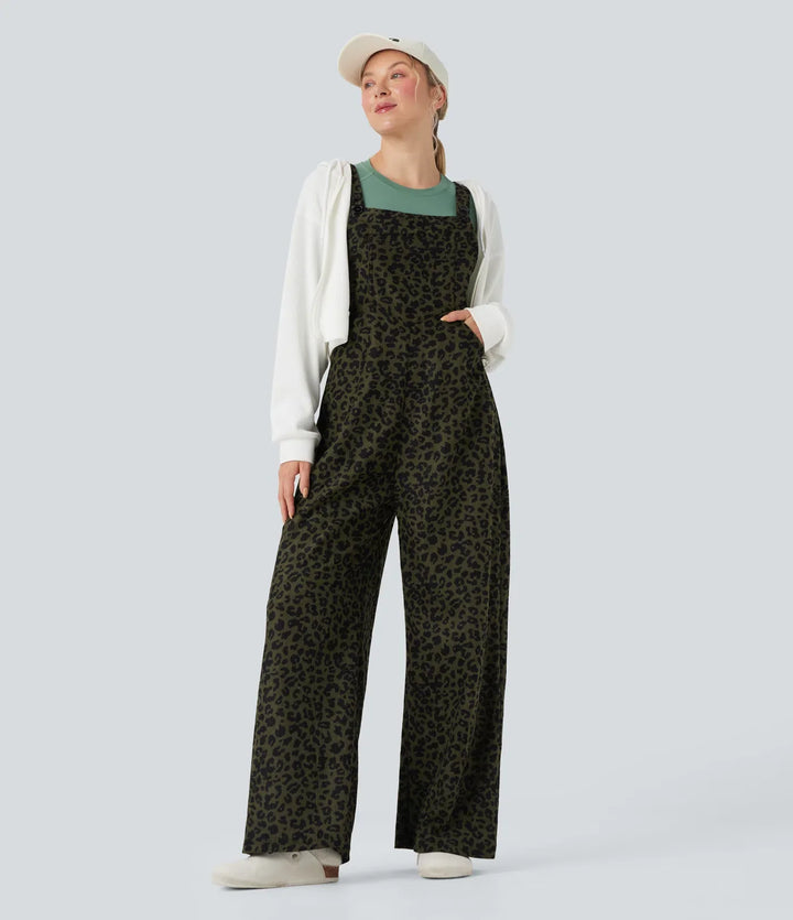 Leopard Print Corduroy Relaxed Casual Overalls with Pockets