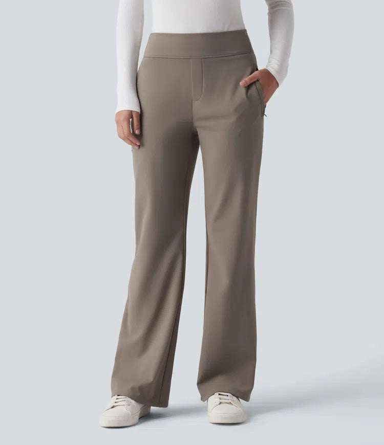 Mid Rise Fleece Work Flared Trousers with Zip Pockets