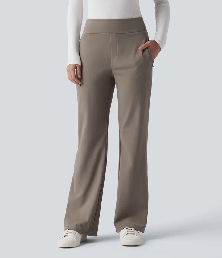 Mid Rise Fleece Work Flared Trousers with Zip Pockets