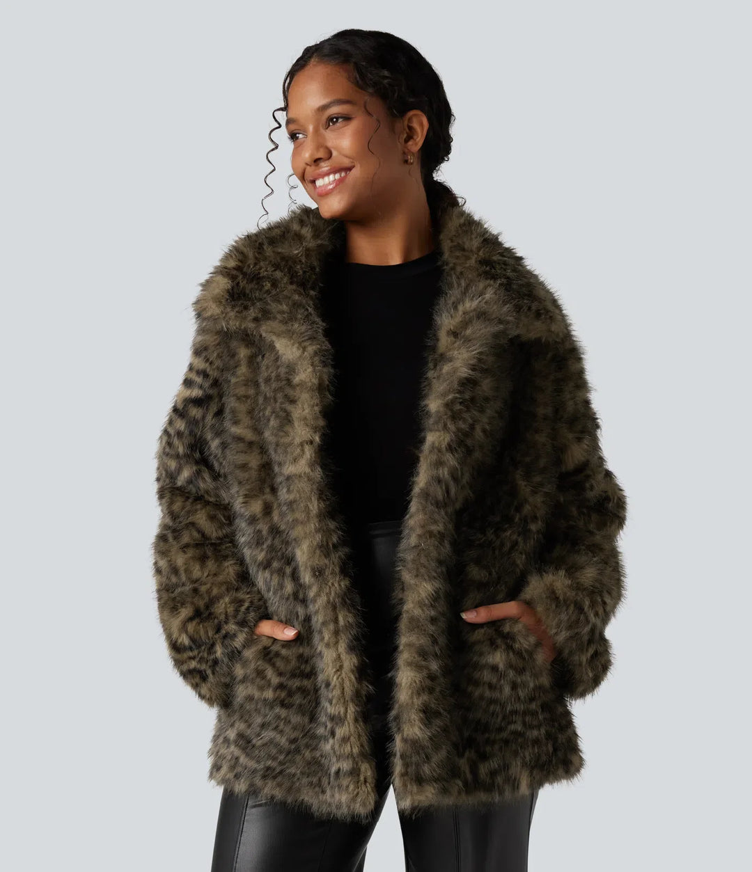 Long Sleeve Casual Faux Fur Coat with Pockets