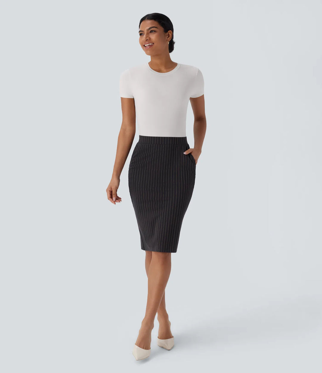 High Waisted Side Pocket Split Hem  Stripe Bodycon Work Skirt