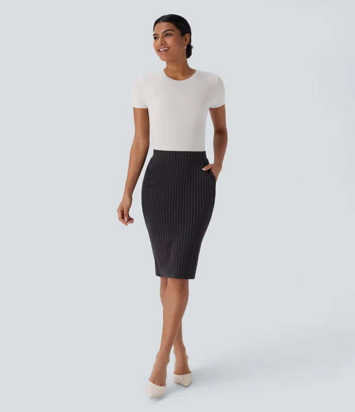 High Waisted Side Pocket Split Hem  Stripe Bodycon Work Skirt