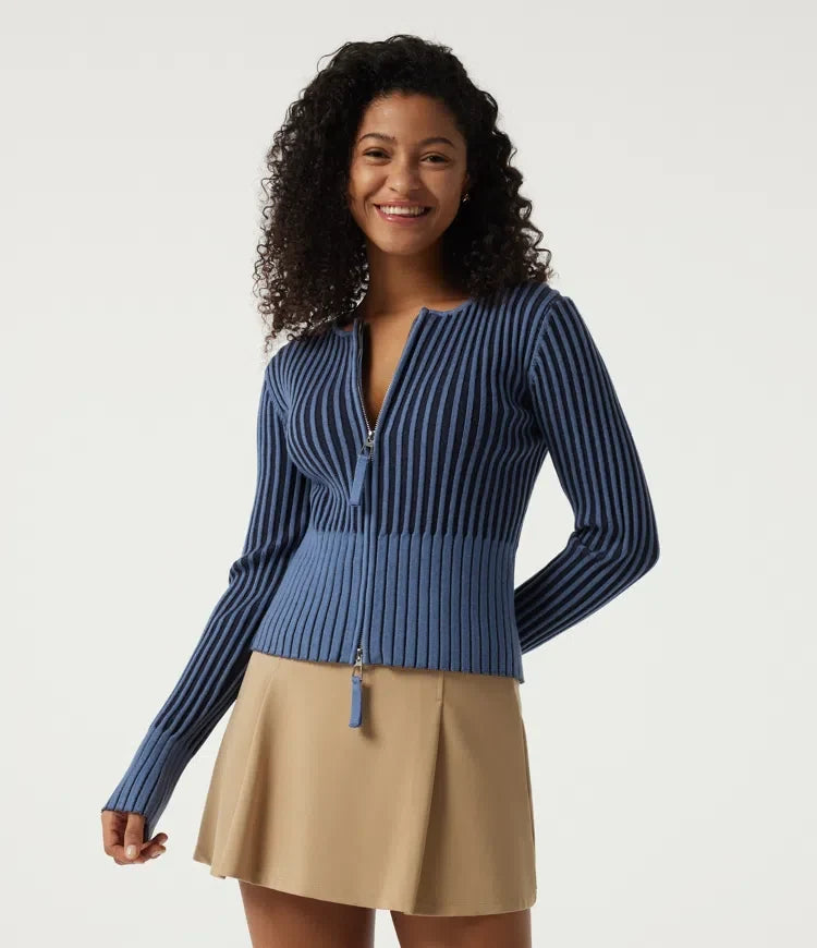 Ribbed Knit Round Neck Long Sleeve Slim Work Cardigan