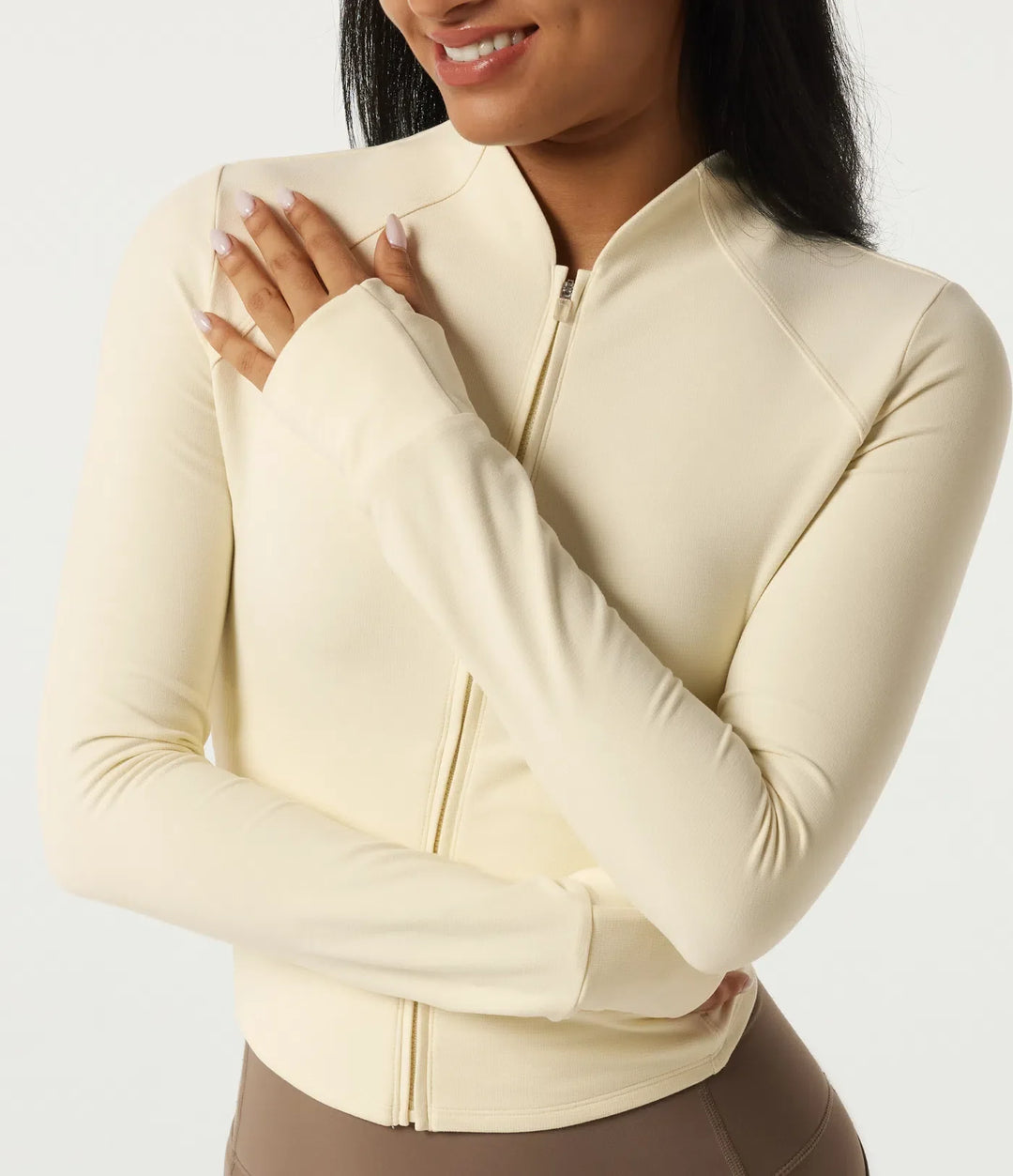 Stand Collar Long Sleeve Zipper Yoga Jacket with Thumbholes and Pockets
