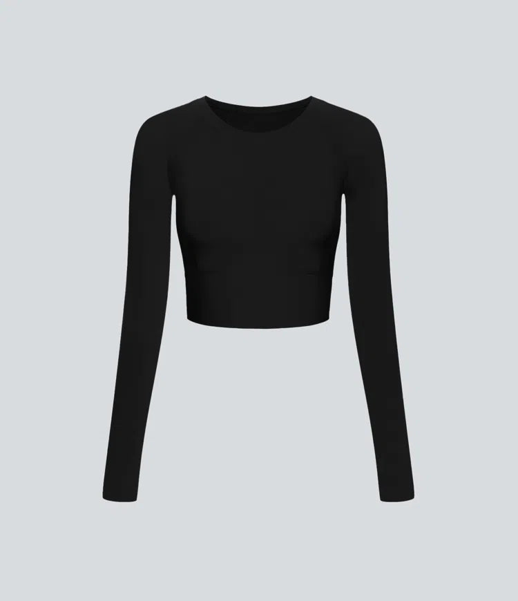 Solid Thumb Hole Cropped Yoga Sports Top