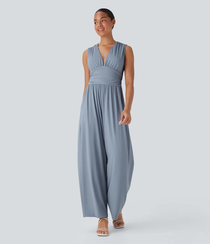 SoftlyZero Airy V Neck Sleeveless Ruched Pocket InstantCool Casual Jumpsuit-Easy Peezy