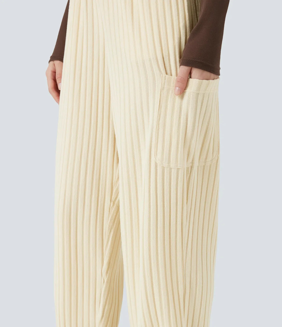 Ribbed Knit Adjustable Straps Drawstring Casual Overalls with Pockets