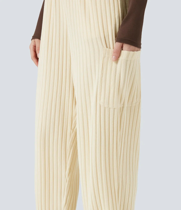 Ribbed Knit Adjustable Straps Drawstring Casual Overalls with Pockets