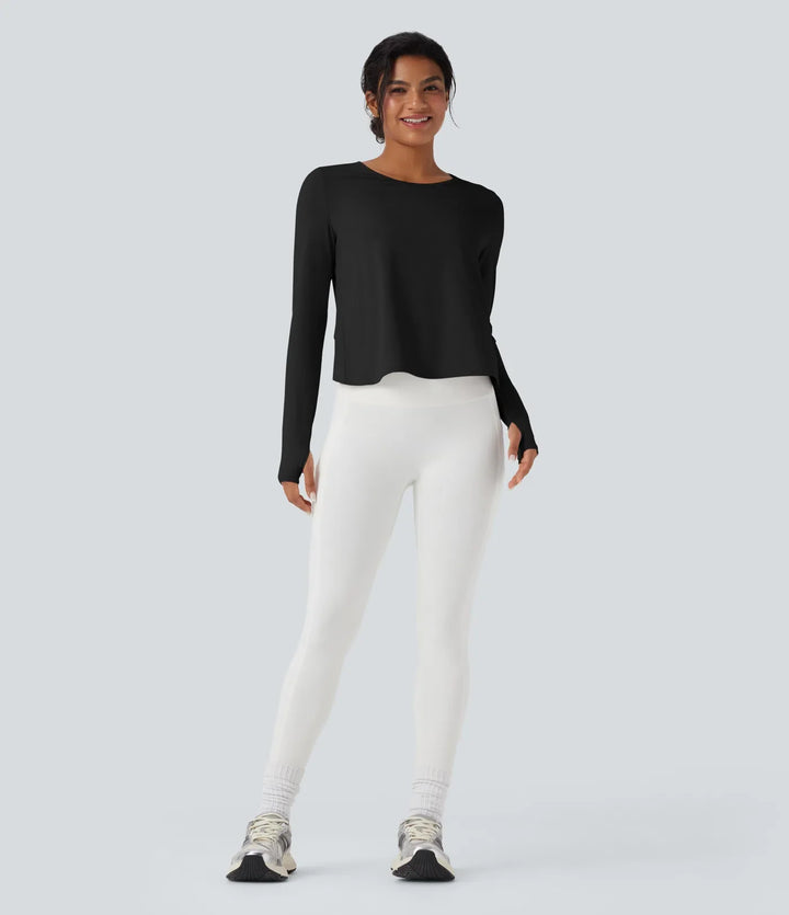 Long Sleeve Thumb Hole Crossover Curved Hem Yoga Sports Top