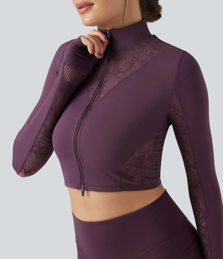 SoftlyZero Thumb Holes Contrast Lace Double Zipper Yoga Jacket