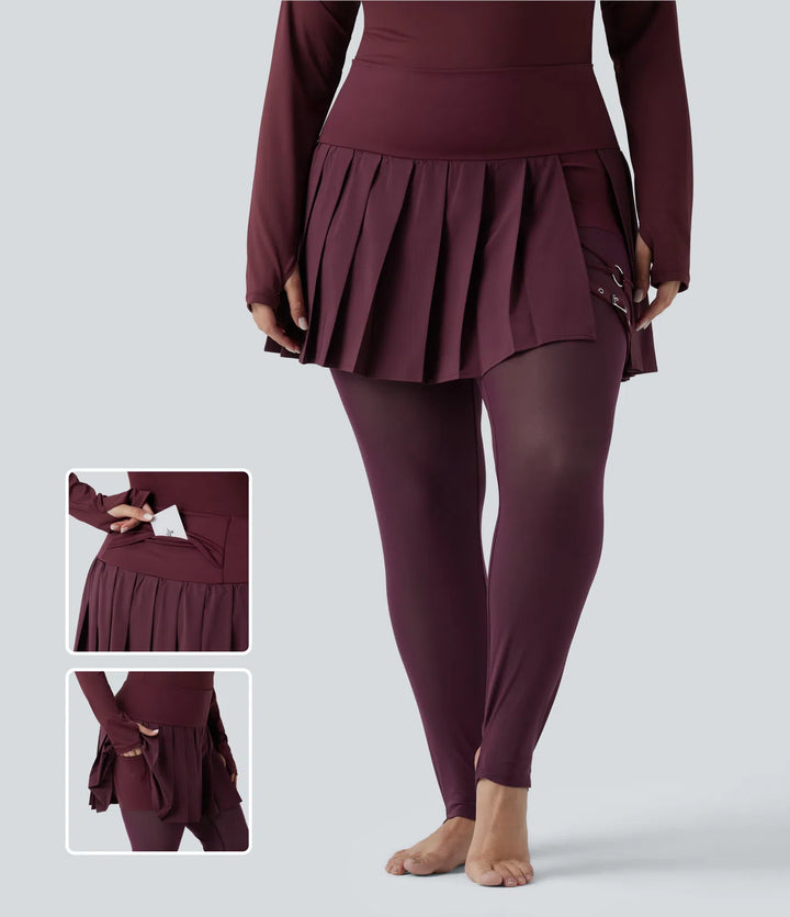 Breezeful High Waisted Pleated 2-in-1 Contrast Mesh Quick Dry Dance Plus Size Stirrup Skirted Leggings with Pockets