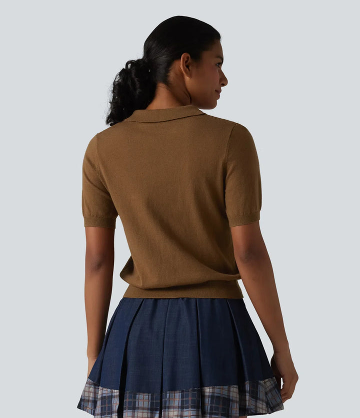 Polo Neck Short Sleeve Wool-Blend Casual Jumper